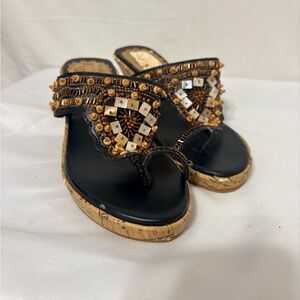 Bamboo Elegant Black and Gold Beaded Wedge Sandals